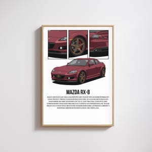 Può includere: Una stampa incorniciata con una Mazda RX-8 sportiva bordeaux. L'immagine include illustrazioni dettagliate della parte anteriore, della ruota e della parte posteriore dell'auto. Il testo "MAZDA RX-8" è ben visibile.