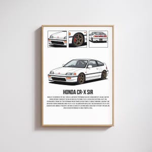 May include: White Honda CR-X SiR car illustration in a wooden frame. The image includes three smaller illustrations of the car's details and the text "HONDA CR-X SIR". The car has brown wheels and red brake calipers.