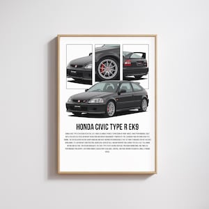May include: A framed print of a dark grey Honda Civic Type R EK9. The print shows detailed illustrations of the car's front, wheel, and rear, with the text "HONDA CIVIC TYPE R EK9" at the bottom. The car has red detailing.