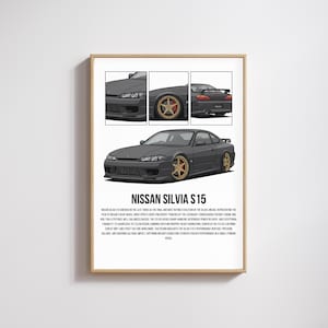 May include: A framed print showcasing a grey Nissan Silvia S15 sports coupe. The print includes detailed illustrations of the car's exterior, with gold-coloured rims and text at the bottom. The text reads "NISSAN SILVIA S15".
