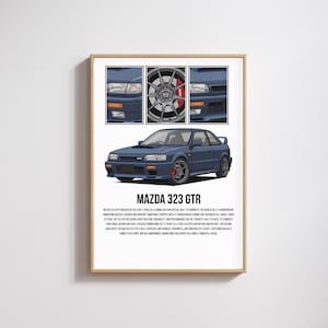 Puede incluir: Una impresión enmarcada con un coche Mazda 323 GTR azul. La impresión incluye primeros planos detallados del coche y el texto "MAZDA 323 GTR". El coche es de color azul oscuro con pinzas de freno rojas.