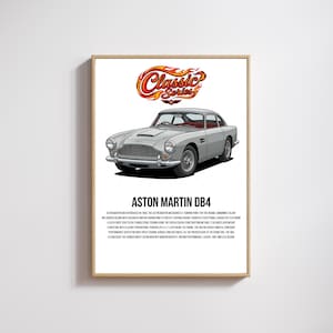 May include: A framed poster featuring a silver Aston Martin DB4 car illustration. Above the car is a red and orange flame-style logo with the text Classic Series. Below the car is the text ASTON MARTIN DB4 followed by a paragraph of historical text.
