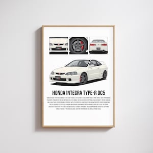 May include: A framed print showing a white Honda Integra Type-R DC5 car illustration. The print includes detailed views of the front, wheel, and rear of the car. The text "HONDA INTEGRA TYPE-R DC5" is displayed prominently.