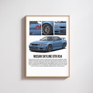May include: Framed print of a light blue Nissan Skyline GTR R34. The print shows the car from different angles, with detailed illustrations. The text "NISSAN SKYLINE GTR R34" is displayed prominently, along with descriptive text. The frame is a light wood color.