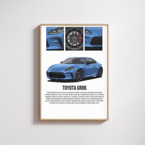 May include: A framed print showcasing a blue Toyota GR86 sports coupe. The image includes close-up details of the car's headlights, wheel, and front bumper. The text "TOYOTA GR86" is displayed below the car.
