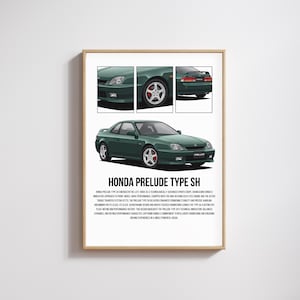 Op de afbeelding: Een ingelijste print met een groene Honda Prelude Type SH auto. De afbeelding bevat drie kleinere inzetbeelden van de details van de auto. De tekst onderaan luidt "HONDA PRELUDE TYPE SH".