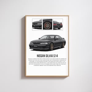 May include: A framed print of a black Nissan Silvia S14 car. The print includes three smaller images of the car and the text "NISSAN SILVIA S14". The car is a dark grey colour with bronze-coloured wheels.