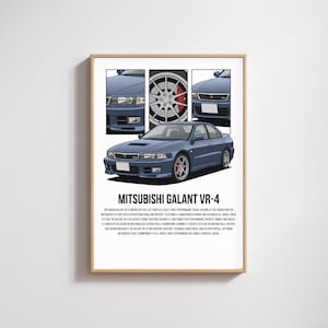 Può includere: Una stampa incorniciata con un'illustrazione di un'auto Mitsubishi Galant VR-4 blu. La stampa include immagini dettagliate della parte anteriore, laterale e della ruota dell'auto, con il testo "MITSUBISHI GALANT VR-4".