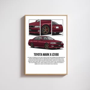 Puede incluir: Un póster enmarcado con un coche Toyota Mark II JZX90 de color granate. El póster incluye tres vistas detalladas y una vista lateral completa del coche. El texto "TOYOTA MARK II JZX90" se muestra debajo.