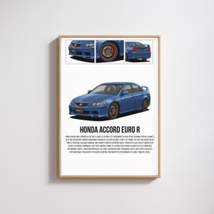 Puede incluir: Impresión enmarcada de un Honda Accord Euro R azul. La imagen presenta una ilustración detallada del coche, con vistas adicionales. El texto "HONDA ACCORD EURO R" se muestra de forma destacada.