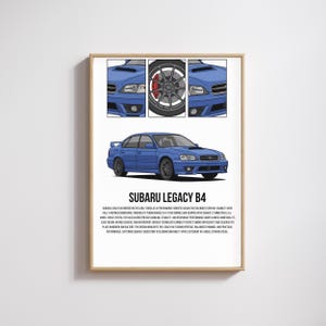 May include: Blue Subaru Legacy B4 car print. The print features a detailed illustration of the car, along with close-up views of the front, wheel, and headlights. The text "SUBARU LEGACY B4" is displayed below the car.