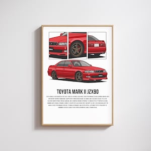 May include: Red Toyota Mark II JZX90 print in a wooden frame. The print features illustrations of the car from different angles, with the text "TOYOTA MARK II JZX90" at the bottom. The print also includes a description of the car.