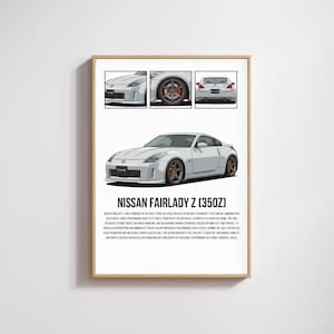 May include: A framed print featuring a white Nissan Fairlady Z (350Z) sports car. The image includes three smaller views of the car and text describing its features and history. The car has brown wheels.