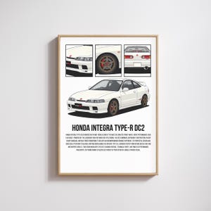 May include: A framed print featuring a white Honda Integra Type R DC2 car. The image includes three smaller inset views of the car's details. The text "HONDA INTEGRA TYPE-R DC2" is at the bottom, with additional text below.