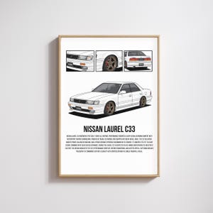 May include: A framed print featuring a white Nissan Laurel C33 car illustration. The print includes detailed diagrams of the car's front, side, and rear views. The text "NISSAN LAUREL C33" is prominently displayed.