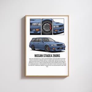 May include: A framed print featuring a blue Nissan Stagea 260RS wagon. The image includes detailed illustrations of the car's front, side, and wheel. Text at the bottom reads "NISSAN STAGEA 260RS". The print has a light wood frame.
