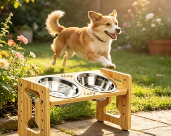 Soporte de madera personalizado para cuenco de perro, comedero elevado para gatos, estación de alimentación para mascotas con nombre grabado personalizado, soporte ajustable de bambú de Nepal para perros,