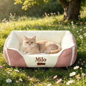 Cama para mascotas personalizada con estampado de pata de gallo, sofá para perros con nombre personalizado, tumbona cálida para gatos hecha en Nepal, cama de lujo a cuadros para mascotas, cómoda cama para cachorros hecha a mano.