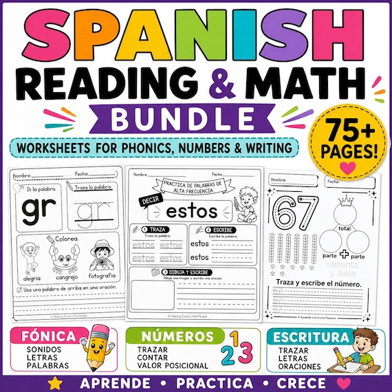 Spanish Literacy & Math Bundle | Number Sense, Letter Tracing |Consonant Blends | Printable Worksheets for PK-1