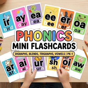 May include: A collection of colorful phonics mini flashcards with illustrations and words like "bird," "day," and "read." The cards are designed for PK-1 students and feature digraphs, blends, trigraphs, and vowels. The title "PHONICS MINI FLASHCARDS" is displayed prominently.