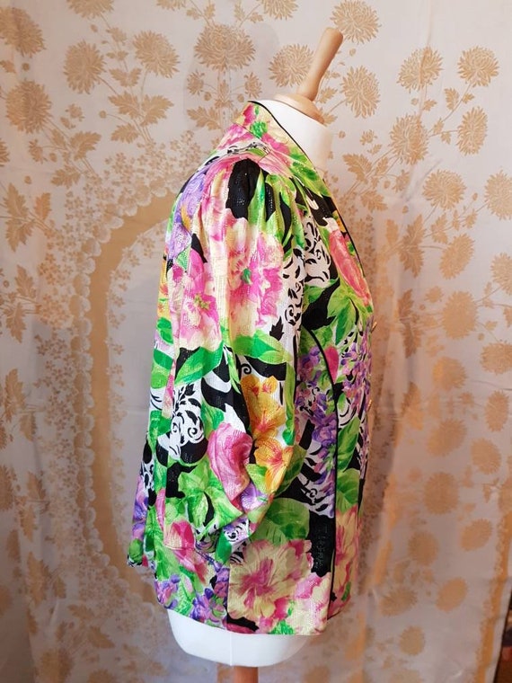 80s Vintage Floral Gold Loud Print Party Top Size Xl Gem