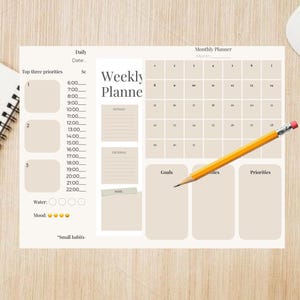 Puede incluir: Un planificador semanal beige con un calendario mensual, horario diario y espacio para metas y prioridades. Un lápiz amarillo descansa sobre el planificador. El planificador incluye el texto "Weekly Planne" y "Small habits."