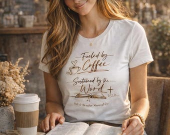Belle + Canvas Ladies Fueled by Coffee Scriptural Tee | Christian Scripture Coffee Shirt. RUNS SMALL. Please see size chart.