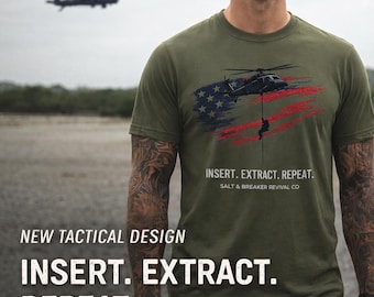 Unisex Soft Style Tee | American Flag Helicopter Insert Extract Repeat T-Shirt | Military Aviation Tee