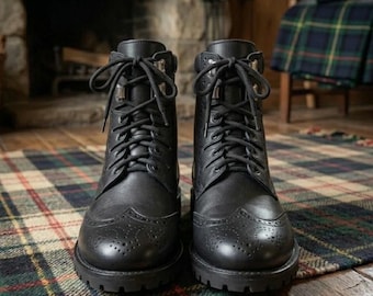 Zapatos tradicionales escoceses de cuero negro Ghillie Brogue: Zapatos de vestir para hombre de las Tierras Altas con suelas de goma duraderas.