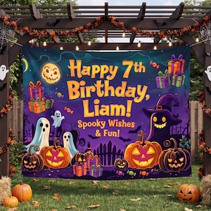 May include: A rectangular Halloween-themed birthday banner featuring the text Happy 7th Birthday, Liam! Spooky Wishes & Fun! The design includes illustrations of jack-o'-lanterns, ghosts, gift boxes, and a witch hat against a dark purple background.