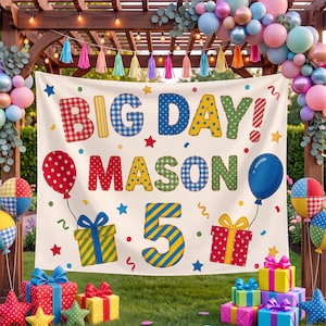 May include: A birthday backdrop banner featuring the text BIG DAY MASON 5 in colorful patterned letters, surrounded by illustrations of balloons, gift boxes, and confetti. The banner is displayed under a wooden pergola decorated with balloon arches.