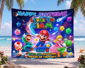 Custom Super Mario Birthday Backdrop | Personalized Level Up Gamer Tapestry | Mario Bros Party Decor Banner | Boys Bday Photo Background