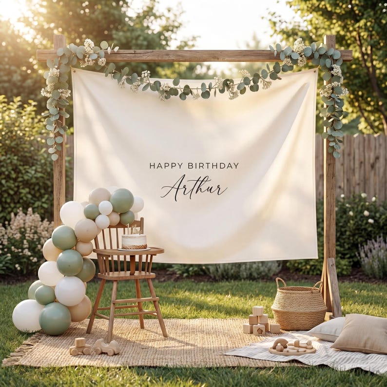 Custom Birthday Fabric Banner, Personalized Linen Name Flag, Boho 1st ...