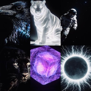 May include: A collage featuring a black raven, a glowing white tiger, an astronaut in space, a black panther, a translucent purple cubic crystal with internal light, and a dark moon surrounded by bright white electrical energy rays.