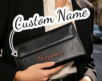 Carteira feminina personalizada com nome em couro genuíno, modelo retrô com fecho de pressão e design fino dobrável.