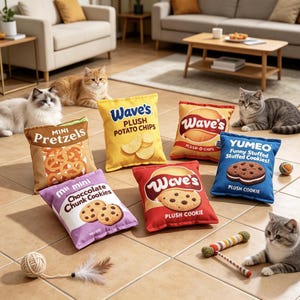 May include: A collection of six rectangular plush pillows shaped like snack bags, including Mini Pretzels, Wave's Potato Chips, Wave's Plush-O-Chips, Yumeo Stuffed Cookies, Mi Mini Chocolate Chunk Cookies, and Wave's Plush Cookie, arranged on a tiled floor.