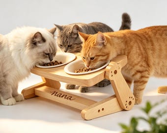Tigela personalizada para gatos, comedouro personalizado para animais de estimação, artesanal do Nepal, suporte de madeira para cães, presente de cerâmica para animais de estimação, comedouro gravado para animais de estimação, tigela ajustável