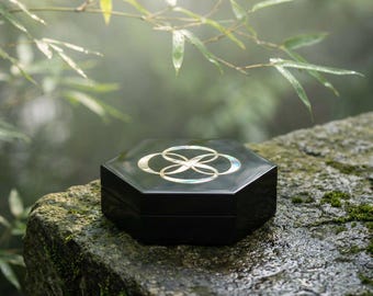 Caixa hexagonal laqueada à mão, com incrustações de madrepérola, estilo europeu para armazenamento.