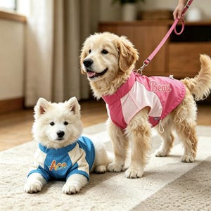 May include: Two dogs wearing dog apparel. One is a golden retriever wearing a pink and white jacket with the name "Beau". The other is a white dog wearing a blue and cream jacket with the name "Ace". Both dogs are on a light-colored carpet.