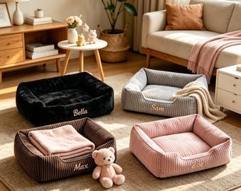 Cama listrada em imitação de pele de coelho para cães, com almofada macia removível, cama quente para animais de estimação, fácil de limpar e montar, para cães e gatos, estilo sofá multiuso.
