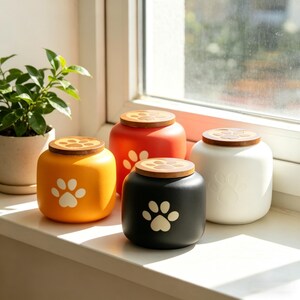 以下が含まれることがあります： 木製の蓋が付いた、4つのカラフルなペット用おやつジャー。ジャーはオレンジ、赤、黒、白で、それぞれに足跡のデザインが施されています。背景には小さな鉢植えの植物が見えます。