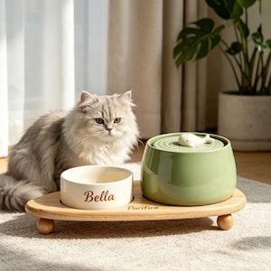 May include: A fluffy cat sits beside a wooden pet feeding station. The station features a cream-coloured bowl with "Bella" printed on it and a green water fountain with a white whale figurine. The wooden base has the word "Pacifico" printed on it.