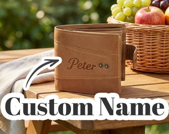 Custom Name Men's Retro Top Grain Leather Wallet, RFID Blocking Tri-Fold Short Wallet, Large Capacity Multi-Functional Casual Purse