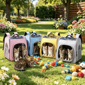 Puede incluir: Cuatro mochilas transportadoras para mascotas en rosa, azul claro, amarillo y gris, cada una con una ventana frontal transparente y ventilación superior. Cada mochila contiene dos gatitos, mientras un gatito atigrado juega con juguetes de plástico coloridos.