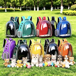 May include: A collection of nine pet backpacks in black, teal, red, blue, purple, dark green, yellow, grey, and orange. Each backpack features a clear, rounded front window, side ventilation holes, and shoulder straps. Small kittens, puppies, and plush toys are arranged in front of the backpacks.
