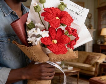 Buquê de gerberas de crochê feito à mão | Artesanal no Nepal | Presente de casamento | Decoração para casa | 39 cm de altura