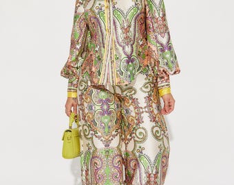 Maldivesss Satin Pant Set - Green/combo