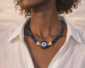Lapis Natural Stone Necklace with Evil Eye Bead and Pearl Details for Women