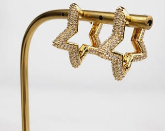Gold Color Zircon Star Earrings – Sparkling Hoop Earrings for Women