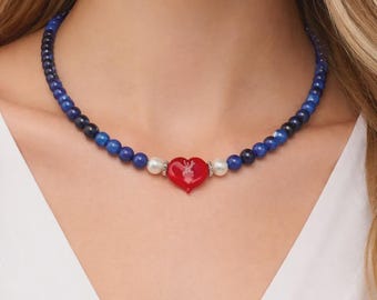 Kyanite Natural Stone Necklace – Women’s Necklace with Navy Beads and Red Heart Charm